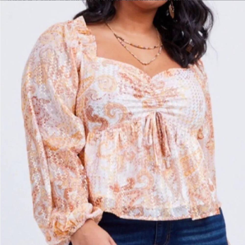 Arula Patterned Cinched Blouse XL - 2XL Orange Metallic Puffy Sleeves